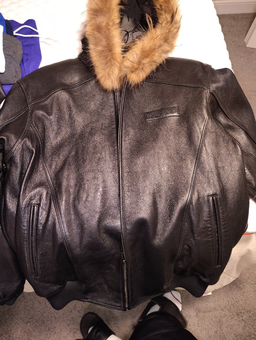 Pelle Pelle Black Leather Bomber Jacket with Brown Fur Trim Hood